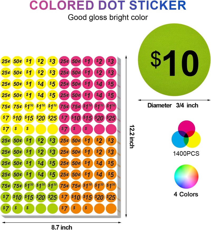 Darfukei Garage Sale Price Stickers, 1400 PCS 3/4 Inch Price Stickers for Yard Sales, Flea Markets, County Fairs & Retail Use, Pricemarker Labels, 4 Colours Round Price Tags - Image 2
